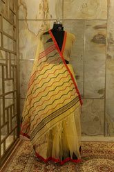Light Mustard Temple Border Jamdani Saari Handwoven